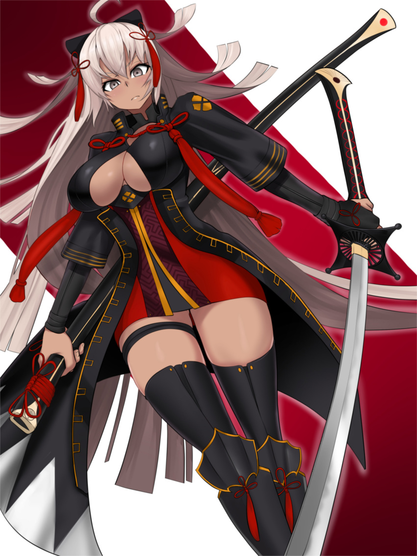 ahoge arm_guards asha bangs black_bow black_coat bow breasts cleavage_cutout closed_mouth commentary_request dark_skin dutch_angle fate/grand_order fate_(series) hair_between_eyes hair_bow high_collar highres holding holding_sword holding_weapon katana long_hair looking_at_viewer okita_souji_(alter)_(fate) okita_souji_(fate)_(all) sheath solo sword tan tassel thigh_strap thighhighs tied_hair very_long_hair weapon white_hair yellow_eyes zettai_ryouiki