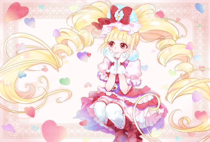 aisaki_emiru ankle_boots bangs blonde_hair blunt_bangs boots bow closed_mouth cure_macherie curly_hair dress frills full_body glove_bow gloves hair_bow heart highres hugtto!_precure layered_dress long_hair looking_to_the_side magical_girl precure puffy_sleeves red_bow red_eyes red_footwear shipu_(gassyumaron) smile solo squatting thighhighs twintails white_gloves white_legwear