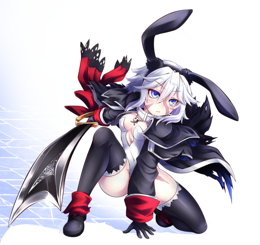 animal_ears between_legs black_footwear black_gloves black_jacket black_legwear blue_eyes breasts bunny_ears bunny_girl covered_navel cutlass_(sword) eyebrows_visible_through_hair fate/grand_order fate_(series) full_body glint gloves hair_between_eyes holding holding_weapon jacket jewelry leotard long_sleeves looking_away mary_read_(fate/grand_order) medium_breasts miyabi_urumi necklace parted_lips ribbon scar silver_hair skull_and_crossbones skull_necklace solo thighhighs thighs turtleneck weapon white_hair white_leotard