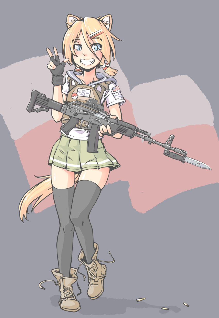 american_flag bayonet blue_eyes commentary english_commentary eotech fb_beryl gloves gun highres jarv load_bearing_equipment load_bearing_vest long_hair looking_at_viewer original poland polandball polish_flag shell_casing simple_background teeth thighhighs upotte!! weapon