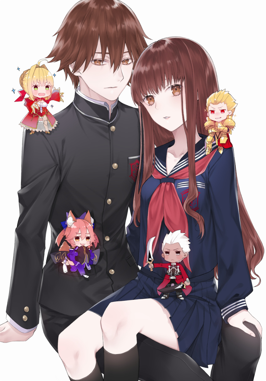 3girls archer bad_id bad_pixiv_id black_legwear black_serafuku blue_neckwear brown_eyes brown_hair chibi chibi_inset closed_mouth collarbone fate/extra fate/extra_ccc fate_(series) gilgamesh hair_between_eyes highres ichinosenen invisible_chair kishinami_hakuno_(female) kishinami_hakuno_(male) kneehighs long_hair looking_at_viewer miniskirt multiple_boys multiple_girls nero_claudius_(fate) nero_claudius_(fate)_(all) parted_lips pleated_skirt school_uniform serafuku sitting sitting_on_lap sitting_on_person skirt socks tamamo_(fate)_(all) tamamo_no_mae_(fate) tsukumihara_academy_uniform_(fate/extra_ccc)