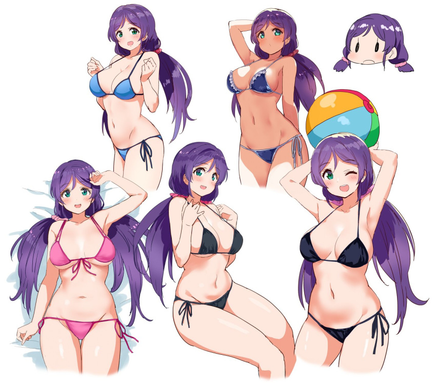 :d ;d arm_up armpits arms_up ball beachball bikini black_bikini blue_bikini blush breasts cleavage commentary cowboy_shot eyebrows_visible_through_hair frill_trim front-tie_bikini front-tie_top green_eyes halterneck highres kurokawa_makoto large_breasts long_hair love_live! love_live!_school_idol_project low_twintails multiple_views navel one_eye_closed open_mouth pink_bikini purple_hair side-tie_bikini simple_background smile strap_gap swimsuit thigh_gap toujou_nozomi twintails white_background