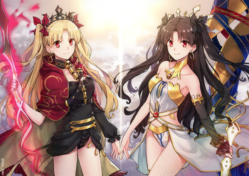 asymmetrical_sleeves bangs black_hair black_leotard black_ribbon blonde_hair cape collarbone commentary_request detached_sleeves earrings ereshkigal_(fate/grand_order) fate/grand_order fate_(series) gold_trim hair_ribbon heavenly_boat_maanna hoop_earrings infinity ishtar_(fate/grand_order) jewelry leotard long_hair looking_at_viewer multiple_girls neck_ring niu_illuminator parted_bangs pixiv_fate/grand_order_contest_2 red_cape red_eyes red_ribbon ribbon siblings single_detached_sleeve single_sleeve sisters skull smile spine sun sword tiara two_side_up weapon