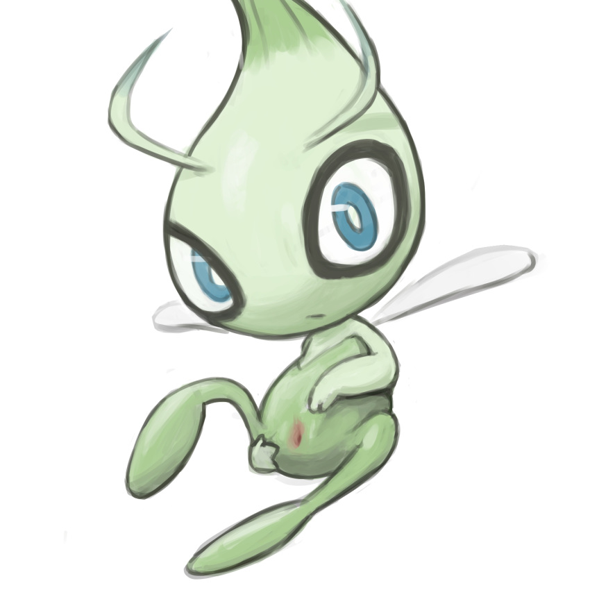 1girl antennae blue_eyes celebi fairy_wings female gen_2_pokemon highres looking_at_viewer no_humans pokemon pokemon_(creature) presenting pussy simple_background sitting solo spread_legs spread_pussy uncensored white_background wings youjomodoki