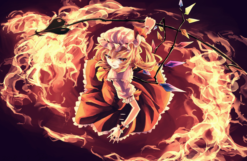 black_background blonde_hair commentary cravat crystal eyebrows_visible_through_hair fire flandre_scarlet frilled_skirt frills hair_between_eyes hair_ribbon hat highres holding holding_weapon kisamu_(ksmz) laevatein looking_at_viewer mob_cap outstretched_arm parted_lips puffy_short_sleeves puffy_sleeves red_eyes red_skirt red_vest ribbon shirt short_hair short_sleeves side_ponytail skirt slit_pupils solo touhou vest weapon white_shirt wings wrist_cuffs yellow_neckwear