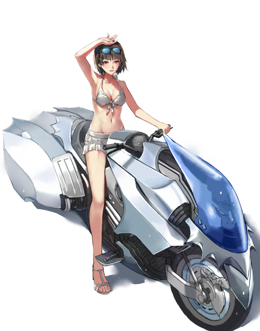 absurdres arm_up armpits bikini bikini_skirt breasts brown_hair cleavage collarbone eyewear_on_head front-tie_top ground_vehicle handlebar hentai_kuwa high_heels highres joanna_(persona_5) looking_at_viewer medium_breasts motor_vehicle motorcycle navel niijima_makoto on_motorcycle parted_lips persona persona_5 red_eyes riding sandals short_hair simple_background smile solo stomach sunglasses swimsuit white_background white_bikini