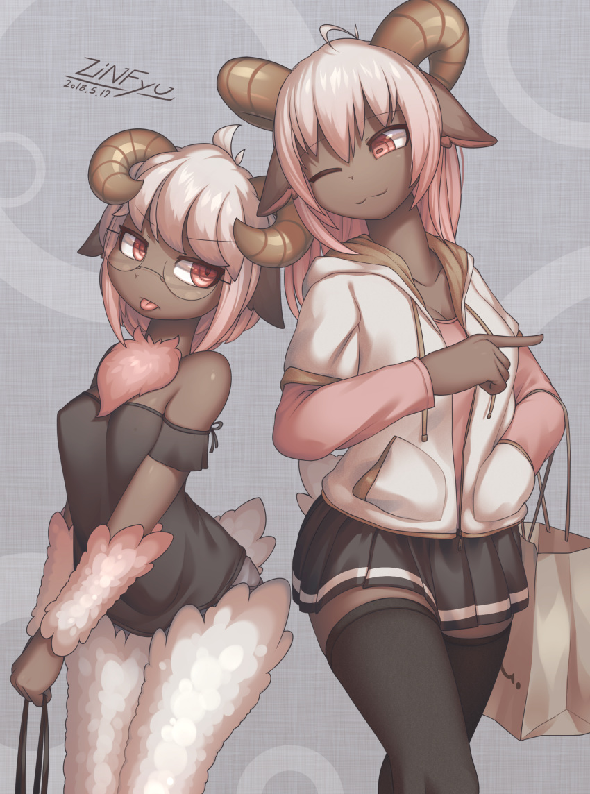 2018 anthro black_skin caprine clothed clothing duo eyewear female glasses goat hair horn mammal one_eye_closed standing tongue tongue_out white_hair wink wool zinfyu