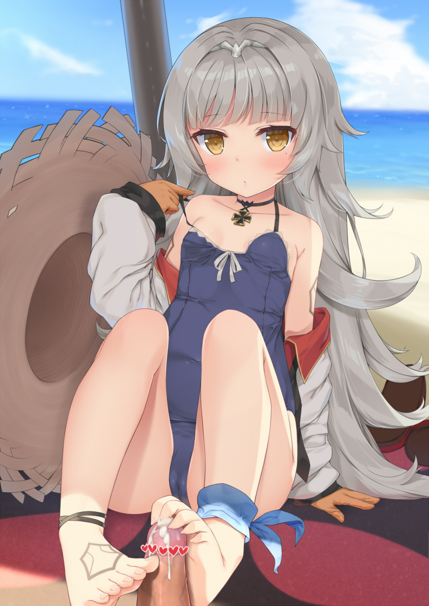 1girl azur_lane bangs barefoot beach blue_sky blush breasts censored cloud collarbone commentary_request cum day eyebrows_visible_through_hair feet footjob fujieda_uzuki gloves hair_ornament hat heart heart_censor hetero highres iron_cross jewelry long_hair looking_at_viewer mole mole_under_eye necklace ocean penis silver_hair sky small_breasts solo_focus straw_hat swimsuit yellow_eyes z46_(azur_lane)