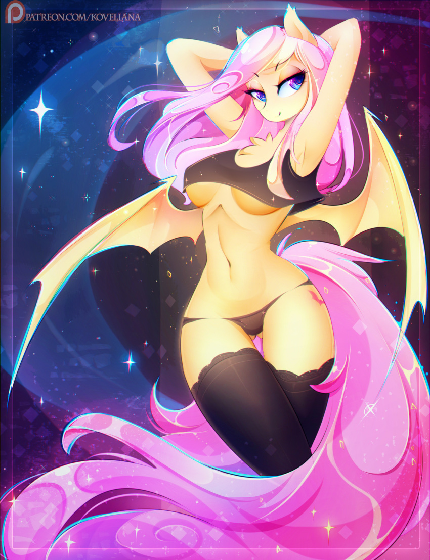 2018 absurd_res anthro bat_pony bat_wings breasts clothing cutie_mark digital_media_(artwork) equine female flutterbat_(mlp) fluttershy_(mlp) friendship_is_magic hair hands_behind_head hi_res koveliana legwear long_hair looking_at_viewer mammal membranous_wings my_little_pony navel patreon pink_hair solo under_boob underwear url wings