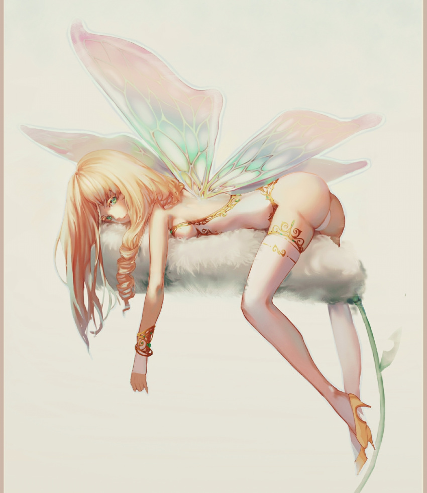 ass bare_shoulders blonde_hair breasts chinese_commentary commentary_request deepers_(flying-corpses) fairy fairy_wings from_side green_eyes high_heels highres leotard long_hair looking_at_viewer lying minigirl on_stomach original shoes small_breasts solo straddling strapless strapless_leotard thighhighs white_legwear white_leotard wings