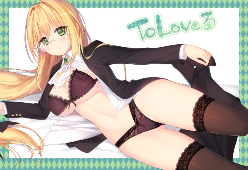 blonde_hair breasts glasses green_eyes kashiwamochi_yomogi long_hair no_bra open_shirt panties tearju_lunatique thighhighs to_love_ru to_love_ru_darkness underwear