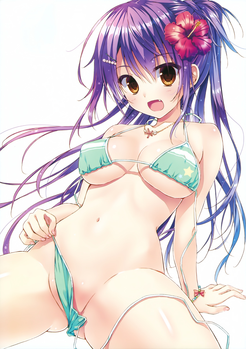 :d absurdres arm_support bikini bracelet breasts collarbone dengeki_moeou fang flower green_bikini hair_flower hair_ornament hairclip hibiscus highres jewelry leaning_back long_hair medium_breasts navel necklace open_mouth ponytail purple_hair ryouka_(suzuya) shiny shiny_skin side-tie_bikini simple_background sitting smile solo spread_legs stomach strap_gap string_bikini swimsuit undressing untied untied_bikini yellow_eyes