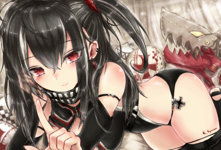 ass azur_lane bangs black_hair blush breasts cleavage closed_mouth commentary_request earrings elbow_gloves eyebrows_visible_through_hair eyes_visible_through_hair front_zipper_swimsuit gloves hair_between_eyes head_on_hand index_finger_raised iron_cross jewelry kyuumoto_kuku large_breasts long_hair looking_at_viewer lying machinery meme_attire multicolored_hair multiple_earrings one-piece_swimsuit one_side_up red_eyes rigging scarf sidelocks signature silver_trim smile solo streaked_hair swimsuit thighhighs thighs u-47_(azur_lane) unzipped white_hair