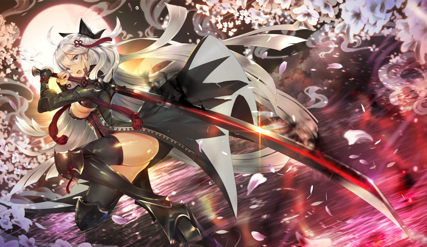 ahoge arm_guards armor ass bangs black_bow black_coat black_legwear bow breasts cleavage_cutout coat commentary dark_skin fate/grand_order fate_(series) flower hair_between_eyes hair_bow highres hips holding holding_sword holding_weapon japanese_armor katana large_breasts legs long_hair looking_at_viewer moon okita_souji_(alter)_(fate) okita_souji_(fate)_(all) open_clothes open_coat open_mouth petals solo suneate sword tassel teddy_(khanshin) thighs tied_hair very_long_hair weapon white_eyes white_hair