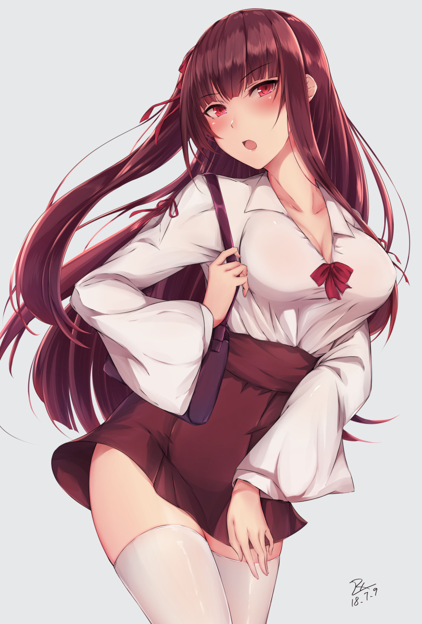 :o absurdres alternate_costume bag bangs blouse blush breasts casual chinese_commentary cleavage collarbone collared_blouse commentary_request dated eyebrows_visible_through_hair girls_frontline grey_background hair_ribbon half_updo head_tilt high-waist_skirt highres large_breasts long_hair long_sleeves looking_at_viewer one_side_up open_mouth purple_hair red_eyes red_skirt ribbon shoulder_bag signature simple_background skindentation skirt solo thighhighs thighs tsurime very_long_hair wa2000_(girls_frontline) white_legwear wide_sleeves zhishi_ge_fangzhang