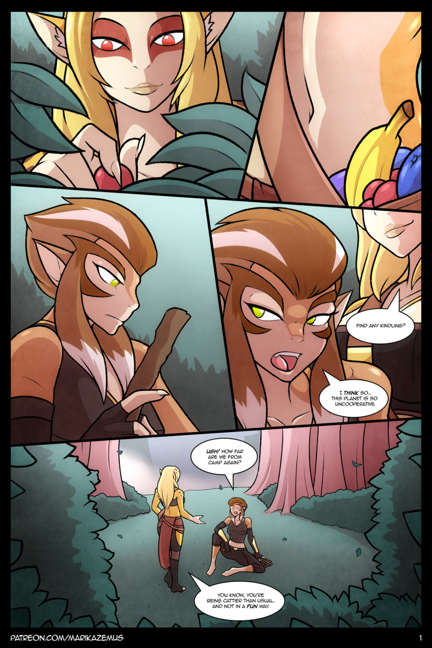 anthro banana blonde_hair breasts cheetara clothed clothing comic dialogue duo english_text feline female food forest fruit green_eyes hair mammal marik_azemus34 midriff navel outside pumyra red_eyes text thundercats thundercats_2011 tree