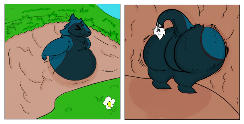 anus belly big_belly big_butt blue_fur butt cave eyes_closed flower fluffy fluffy_tail fur hi_res huge_butt male overweight plant raised_tail semi-anthro sephoix sergal solo stuck thick_thighs warp0fwrath white_tail x_anus