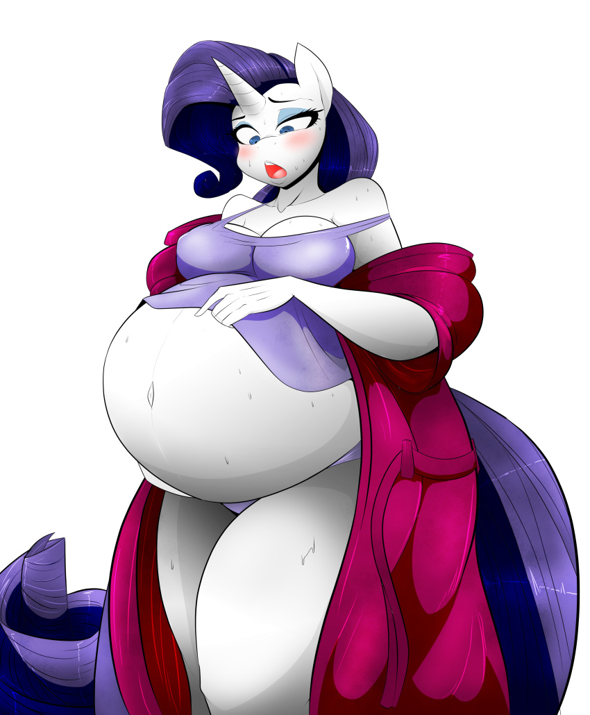 2018 absurd_res anthro belly big_belly blue_eyes blush clothed clothing clothing_lift equine female friendship_is_magic fur hair hand_on_stomach hi_res horn in_heat mammal my_little_pony navel pregnant purple_hair rarity_(mlp) robe shirt shirt_lift simple_background sweat unicorn vale-city white_background white_fur