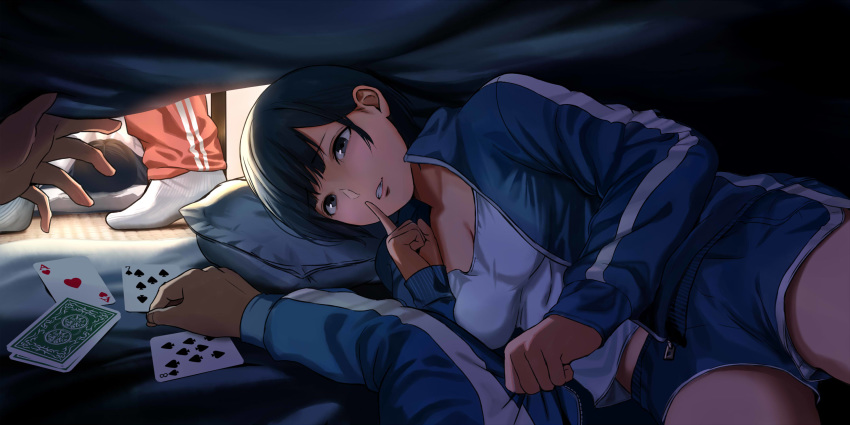 1girl bangs bed_sheet black_hair breasts card clenched_hand commentary eyebrows_visible_through_hair finger_to_mouth futon grabbing grey_eyes gym_shirt gym_shorts gym_uniform highres indoors jacket long_sleeves looking_at_viewer lying medium_breasts no_shoes on_side open_clothes open_jacket original parted_lips pillow playing_card pov shirt short_hair short_shorts shorts shushing sleeping sleeve_tug socks track_jacket under_covers urasuji_samurai white_shirt