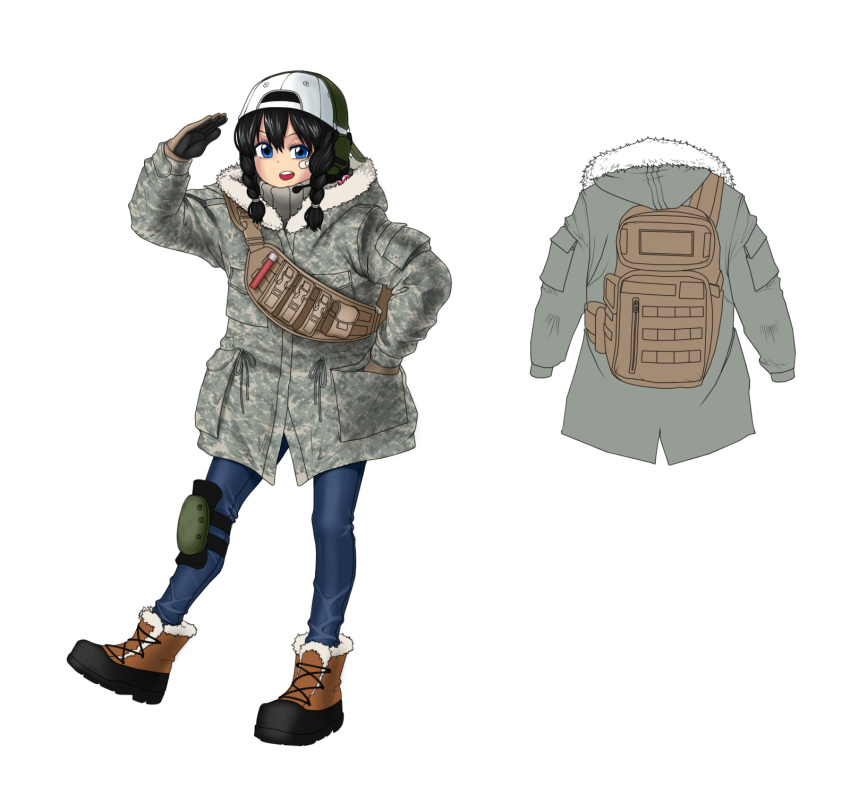 backpack bag bandaid bandaid_on_face baseball_cap black_hair blue_eyes boots braid camouflage digital_camouflage ear_protection full_body fur_trim gloves hand_in_pocket hat headset highres jacket military mk001black original self_upload simple_background single_knee_pad skinny_jeans solo turtleneck twin_braids white_background