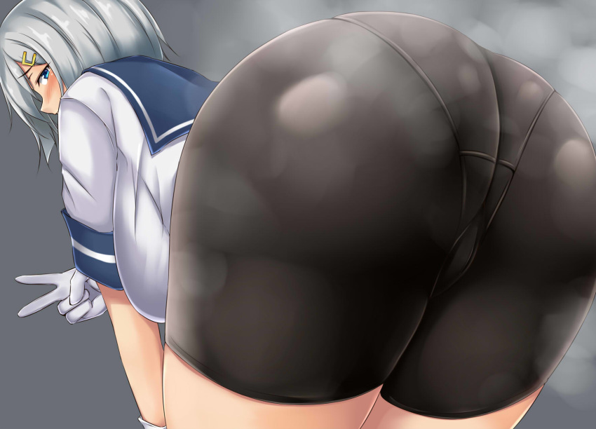 ass blue_eyes blush breasts curvy embarrassed gloves grey_background hair_ornament hairclip hamakaze_(kantai_collection) hanging_breasts highres kantai_collection large_breasts leaning_forward looking_at_viewer looking_back panties panties_under_bloomers plump school_uniform serafuku short_hair short_sleeves silver_hair simple_background solo steaming_body terakoya underwear v white_gloves