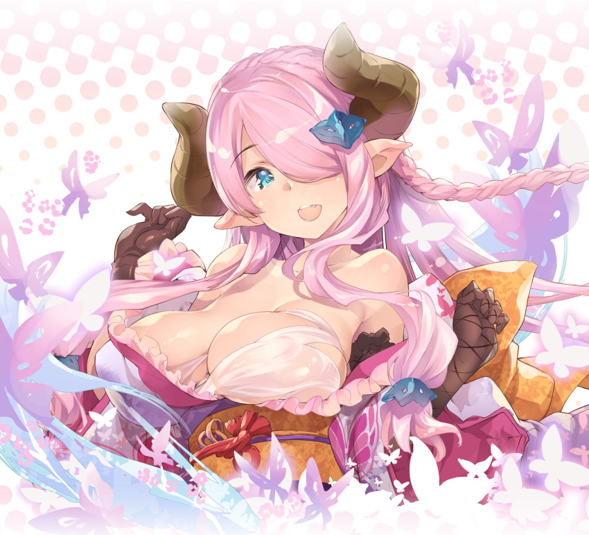 alternate_costume bare_shoulders blue_eyes braid breasts bug butterfly butterfly_background collarbone commentary_request draph elbow_gloves gloves granblue_fantasy hair_ornament hair_over_one_eye highres insect japanese_clothes katana kimono large_breasts lavender_hair long_hair low_tied_hair narmaya_(granblue_fantasy) open_mouth purple_kimono sidelocks single_braid solo sword thomasz upper_body weapon