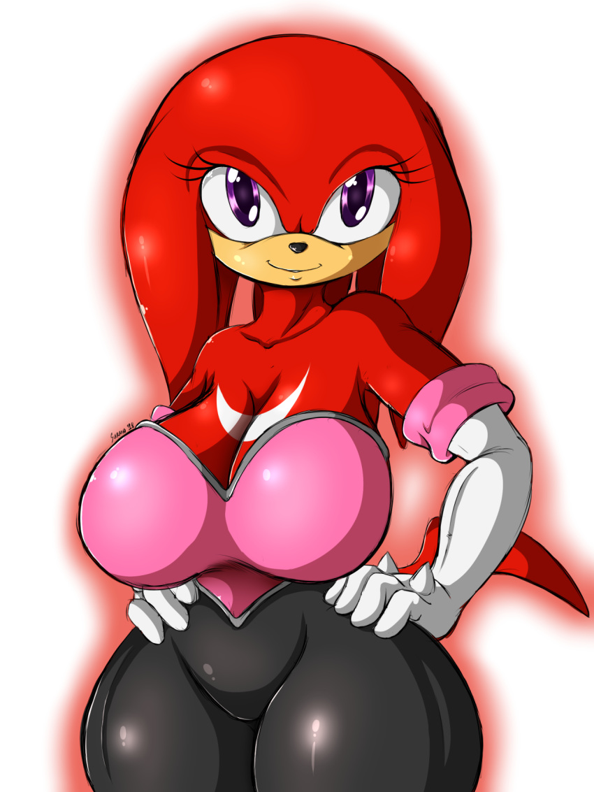 2018 anthro armwear big_breasts breasts clothed clothing crossgender digital_media_(artwork) echidna eyelashes female hands_on_hips hi_res knuckles_the_echidna looking_at_viewer mammal monotreme simple_background smile solo sonic_(series) suirano white_background