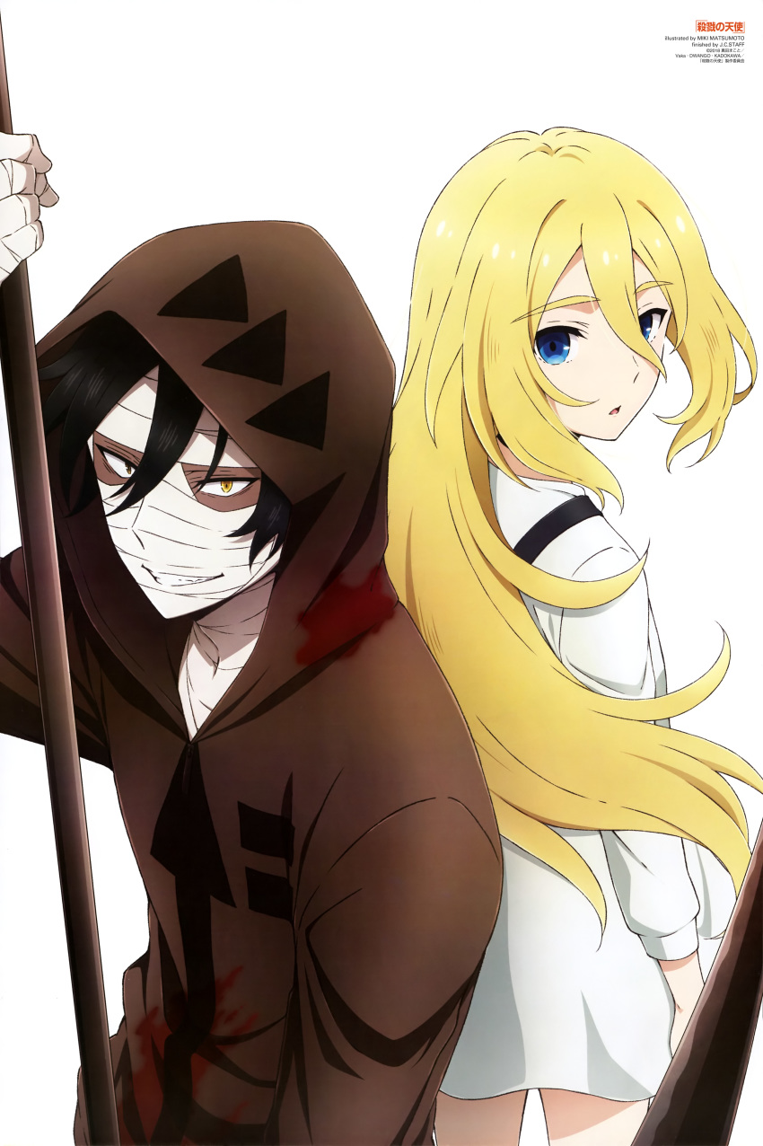 1girl absurdres bandage_on_face bandaged_hand black_hair blonde_hair blue_eyes brown_eyes brown_jacket company_name dress eyebrows_visible_through_hair grin hair_between_eyes heterochromia highres holding holding_scythe hood hooded_jacket isaac_foster jacket long_hair magazine_scan matsumoto_miki newtype official_art parted_lips rachel_gardner satsuriku_no_tenshi scan scythe short_dress simple_background smile tongue watermark white_background white_dress yellow_eyes