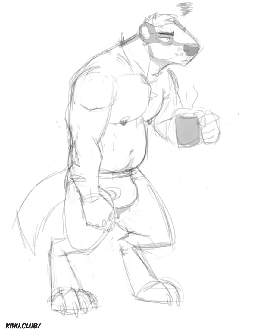 anthro badger beverage bulge clothing coffee cup digitigrade greyscale kihu male mammal monochrome muscular muscular_male mustelid navel nipples pecs simple_background solo standing underwear white_background
