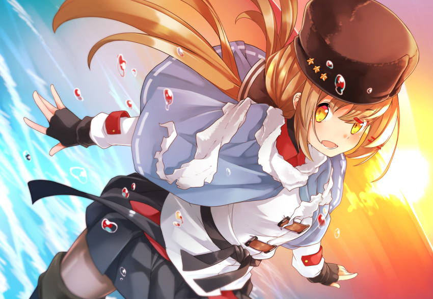 black_bow black_footwear black_gloves black_hat black_skirt blue_shawl blush_response boots bow brown_eyes brown_hair brown_legwear comah fingerless_gloves gloves hair_bow hat highres jacket kantai_collection long_hair long_sleeves looking_at_viewer low_twintails ocean open_mouth pantyhose papakha pleated_skirt ribbon-trimmed_clothes ribbon_trim scarf shawl skirt smile solo sunset tashkent_(kantai_collection) thigh_boots thighhighs twintails white_jacket white_scarf