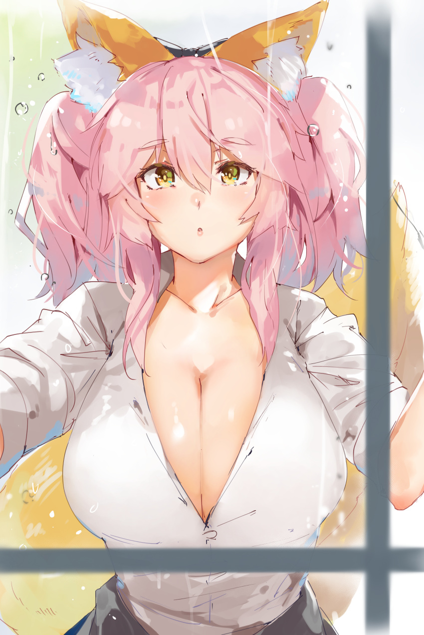 absurdres alternate_costume animal_ear_fluff animal_ears blush breasts cleavage clothes_around_waist collarbone denizen_tomo fate/extella fate/extra fate/grand_order fate_(series) fox_ears fox_tail highres jacket_around_waist large_breasts long_hair looking_at_viewer open_mouth pink_hair school_uniform shirt skirt solo tail tamamo_(fate)_(all) tamamo_jk_(fate) twintails type-moon unbuttoned yellow_eyes
