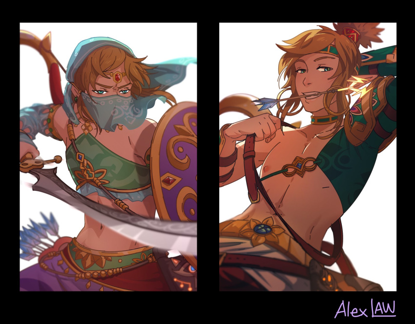 alex_law alternate_costume arm_behind_head arrow artist_name belt blonde_hair blue_eyes circlet commentary covered_mouth crossdressing earrings english_commentary fighting_stance gerudo_link gloves highres holding holding_weapon igote jewelry link male_focus midriff mouth_hold nipples pointy_ears quiver scimitar sword the_legend_of_zelda the_legend_of_zelda:_breath_of_the_wild topknot veil weapon