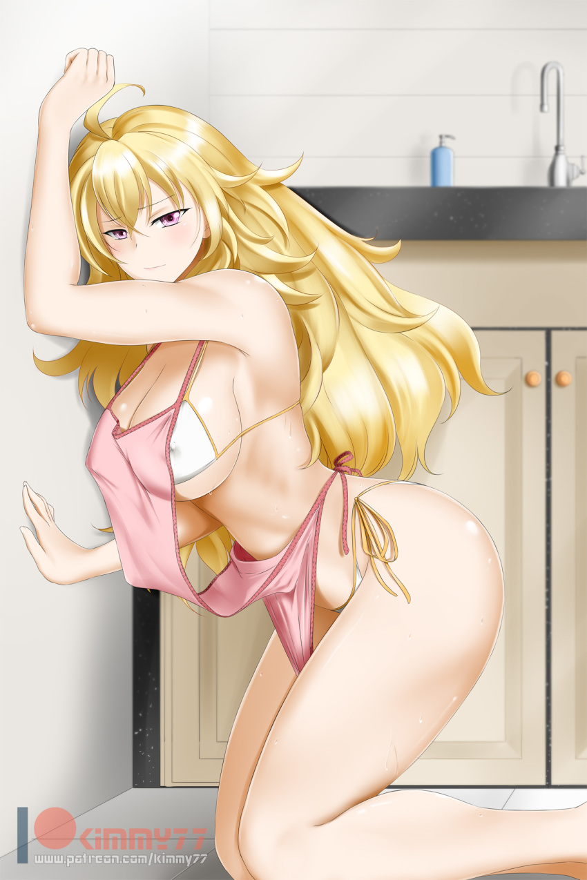 against_wall ahoge alfred_cullado apron bare_shoulders bikini blonde_hair blush breasts cleavage closed_mouth commentary covered_nipples eyebrows_visible_through_hair hair_between_eyes highres indoors kitchen kneeling large_breasts long_hair looking_at_viewer nearly_naked_apron pink_apron profile purple_eyes rwby shiny shiny_hair shiny_skin side-tie_bikini solo sweat swimsuit underboob wavy_hair white_bikini yang_xiao_long