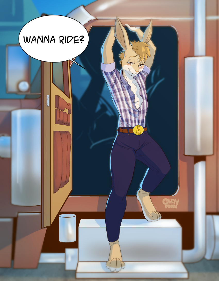 ambiguous_gender anthro arms_above_head athletic barefoot bedroom_eyes belt_buckle blonde_hair blush buckteeth bulge bunny_ears_(disambiguation) chest_tuft clothed clothing detailed_background ear_clip english_text erect_nipples flannel_shirt glenthefossa_(artist) grey_eyes hair half-closed_eyes hands_over_head hi_res jeans lagomorph looking_at_viewer male mammal nepomuk nipples open_shirt pants presenting rabbit seductive slim smile solo speech_bubble standing teeth text truck trucker tuft unbuttoned_shirt vehicle