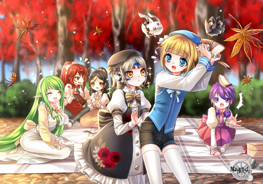 5girls :d ahoge aisha_(elsword) alternate_costume ara_han autumn autumn_leaves bangs beret black_dress black_hair black_legwear black_shorts blonde_hair blue_eyes blunt_bangs blurry blurry_background blush bow breasts brown_eyes brown_hair bush buttons casual chung_seiker closed_eyes commentary_request day depth_of_field dress drone elesis_(elsword) elf elsword eve_(elsword) eyebrows_visible_through_hair facial_mark falling_leaves floral_print flying_sweatdrops forehead_jewel forest green_hair hair_bow hair_flaps hairband hand_on_own_chin hat holding holding_plate juliet_sleeves kokutou_mimi large_breasts leaf long_hair long_sleeves moby_(elsword) multicolored_hair multiple_girls nature open_mouth outdoors parted_bangs picnic plate pointy_ears ponytail puffy_sleeves purple_dress red_eyes red_hair remy_(elsword) rena_(elsword) seiza short_hair shorts sidelocks silver_hair sitting smile streaked_hair sunlight tree underbust very_long_hair vest white_bow white_dress