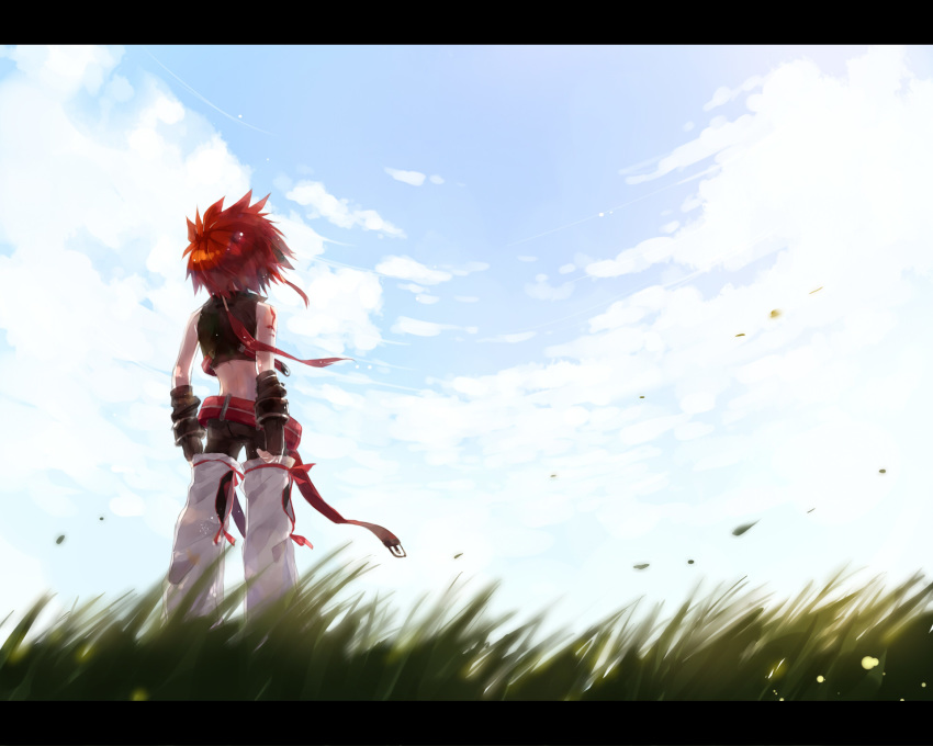 bare_shoulders belt belt_buckle black_gloves black_pants black_shirt blue_sky buckle cloud cloudy_sky crop_top day elsword elsword_(character) falling_leaves field fingerless_gloves gloves grass grasslands highres leaf leg_warmers looking_away loose_belt male_focus malmaron midriff outdoors pants red_belt red_hair red_ribbon ribbon rune_slayer_(elsword) runes shirt short_hair sky solo standing tattoo white_legwear wind