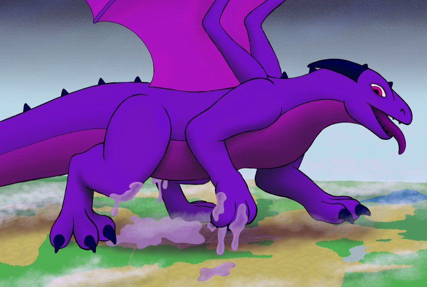 3_toes cum cum_drip cum_on_ground dragon dripping female feral hi_res horn macro membranous_wings nystemy_(artist) orgasm outside paws purple_belly purple_skin purple_wings thick_tail toes tongue tongue_out wings