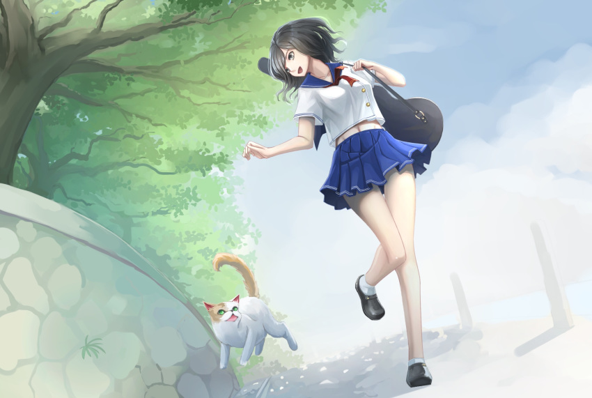 black_hair brown_eyes cat collarbone day highres instrument_case kikivi loafers looking_to_the_side open_mouth original outdoors running school_uniform shoes short_hair socks solo tree