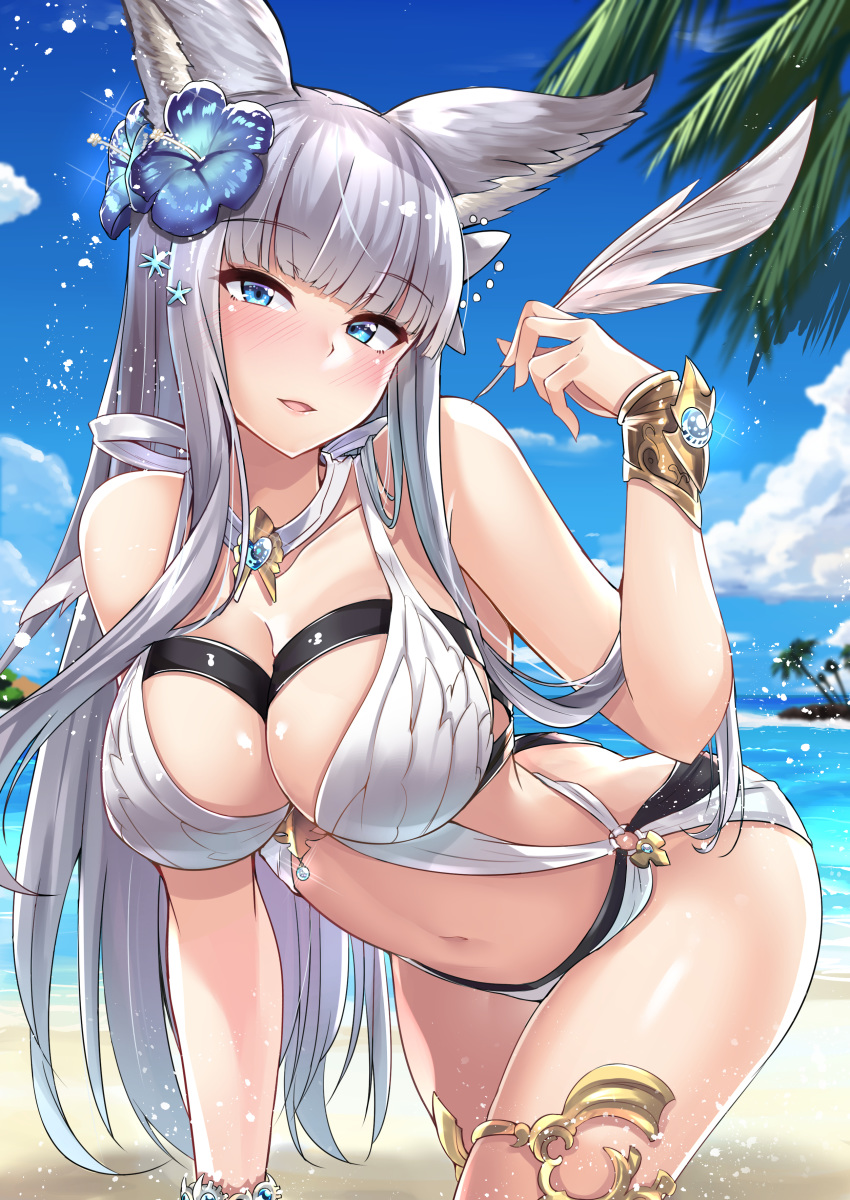 absurdres animal_ears bangs bare_arms bare_shoulders beach bikini blue_eyes blue_flower blue_sky blunt_bangs blurry blush bracelet bracer branch breasts cleavage cloud collarbone commentary_request day depth_of_field erune eyebrows_visible_through_hair flower gem glint granblue_fantasy grey_hair hair_flower hair_ornament head_tilt heart hibiscus highres holding impossible_clothes jewelry kazami_chiu korwa large_breasts leaning_forward left-handed light_smile lips long_hair looking_at_viewer o-ring o-ring_bikini ocean outdoors palm_tree parted_lips quill sand see-through shiny shiny_skin sidelocks silver_bikini silver_hair sky solo sparkle standing swimsuit thighlet tree very_long_hair white_bikini