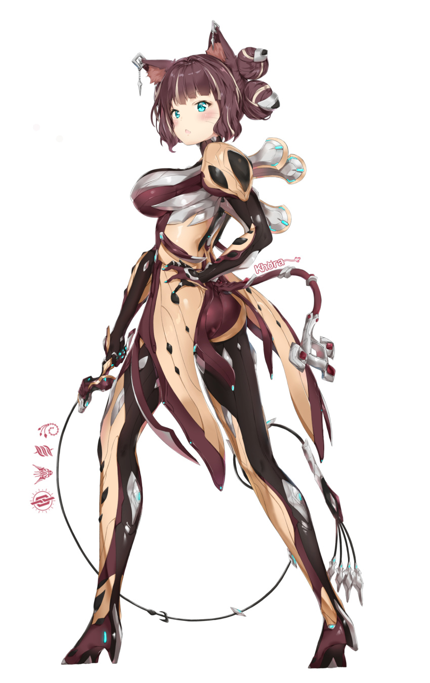 animal_ears ass bangs blue_eyes blunt_bangs blush bodysuit breasts brown_hair cat_ears cat_tail character_name commentary double_bun eyebrows_visible_through_hair from_behind full_body glowing hand_on_hip high_heels highres holding_whip humanization khora_(warframe) large_breasts looking_at_viewer looking_back multicolored multicolored_bodysuit multicolored_clothes open_mouth personification pixel_(yuxian) purple_bodysuit shiny shiny_clothes shiny_hair short_hair simple_background solo standing tail warframe whip whisker_markings white_background