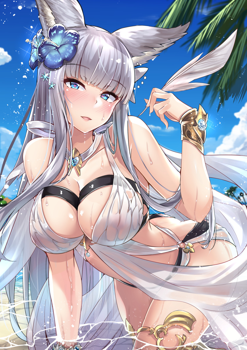 absurdres animal_ears bangs bare_arms bare_shoulders beach bikini blue_eyes blue_flower blue_sky blunt_bangs blush bracer branch breasts cleavage cloud collarbone day erune eyebrows_visible_through_hair flower gem glint granblue_fantasy grey_hair hair_flower hair_ornament head_tilt heart hibiscus highres holding kazami_chiu korwa large_breasts leaning_forward left-handed light_smile long_hair looking_at_viewer o-ring o-ring_bikini ocean outdoors palm_tree parted_lips partially_submerged quill sand see-through shiny shiny_skin sidelocks sky solo sparkle standing swimsuit thighlet tree very_long_hair water wet wet_clothes white_bikini