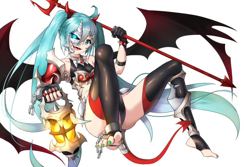 :d ahoge aqua_hair asymmetrical_clothes blue_eyes broken broken_chain chain commentary cuffs demon_girl demon_horns demon_tail demon_wings eyebrows_visible_through_hair fang fingerless_gloves gala_king gloves glowing glowing_eye green_nails half_mask halloween hatsune_miku holding_lantern horns lantern light_trail long_hair looking_at_viewer nail_polish open_mouth polearm shackles shiny shiny_clothes smile symbol_commentary tail toeless_legwear toenail_polish trident twintails very_long_hair vocaloid weapon white_background wings