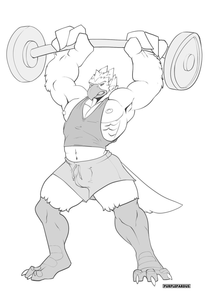 anthro avian beak bird bulge clothed clothing exercise greyscale male monochrome muscular muscular_male pecs purplepardus shirt solo standing tank_top teeth weightlifting workout