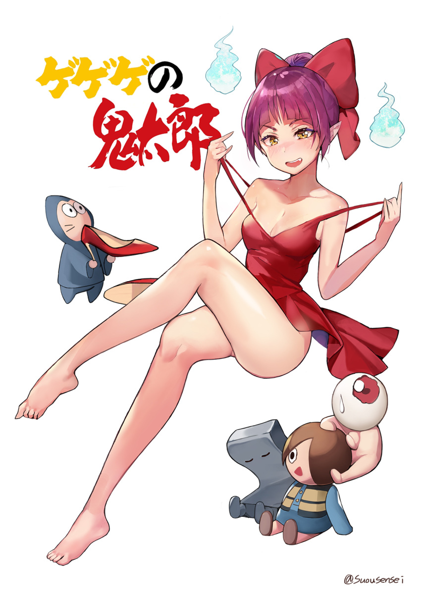 bangs bare_legs bare_shoulders barefoot blunt_bangs bow breasts cleavage collarbone commentary_request dress eto_(nistavilo2) fang full_body gegege_no_kitarou hair_bow highres kitarou legs medama_oyaji medium_breasts nekomusume nekomusume_(gegege_no_kitarou_6) nezumi_otoko nurikabe_(character) open_mouth pointy_ears purple_hair red_bow red_dress shoes shoes_removed short_hair simple_background twitter_username white_background yellow_eyes