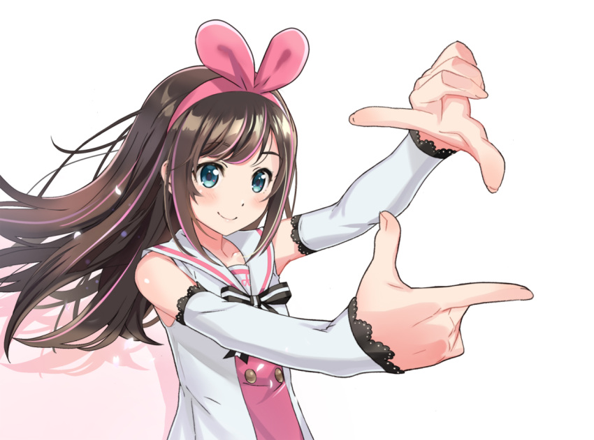 a.i._channel arm_warmers blue_eyes blush bow brown_hair closed_mouth commentary_request eyebrows_visible_through_hair finger_frame headband index_finger_raised kizuna_ai long_hair multicolored_hair nyoro_(nyoronyoro000) sailor_collar sleeveless smile streaked_hair upper_body virtual_youtuber white_background
