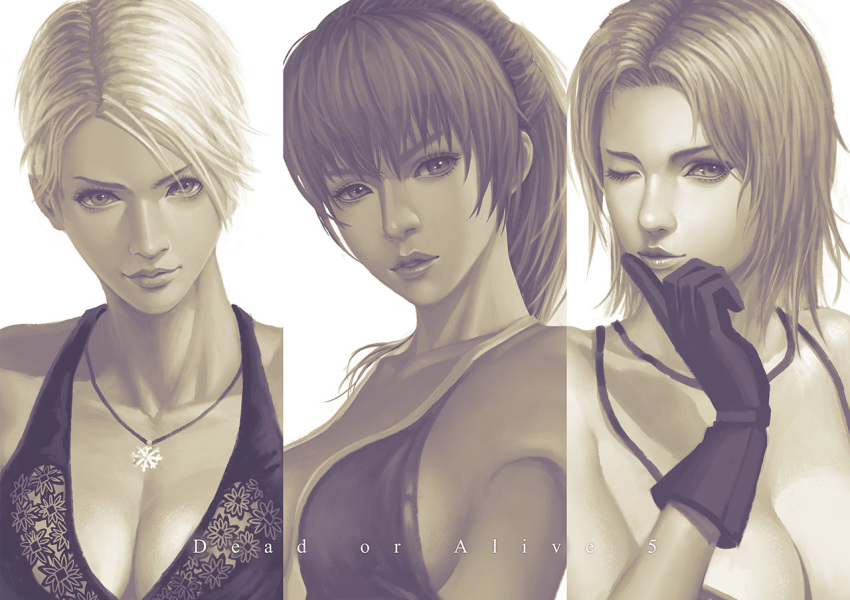 bangs bare_shoulders bikini black_gloves breasts christie_(doa) cleavage closed_mouth collarbone dead_or_alive dead_or_alive_5 finger_to_mouth gloves halter_top halterneck jewelry kasumi_(doa) large_breasts leaf98k lips long_hair looking_at_viewer monochrome multiple_girls necklace one_eye_closed parted_lips realistic short_hair sideboob swimsuit tina_armstrong title upper_body white_hair