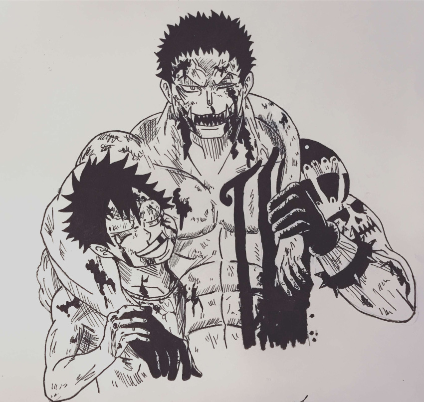 2boys age_difference angry artist_request black_hair blood charlotte_katakuri fangs grabbing injury looking_at_viewer monkey_d_luffy monochrome multiple_boys muscle one_piece scar serious short_hair side_difference simple_background smile standing tattoo