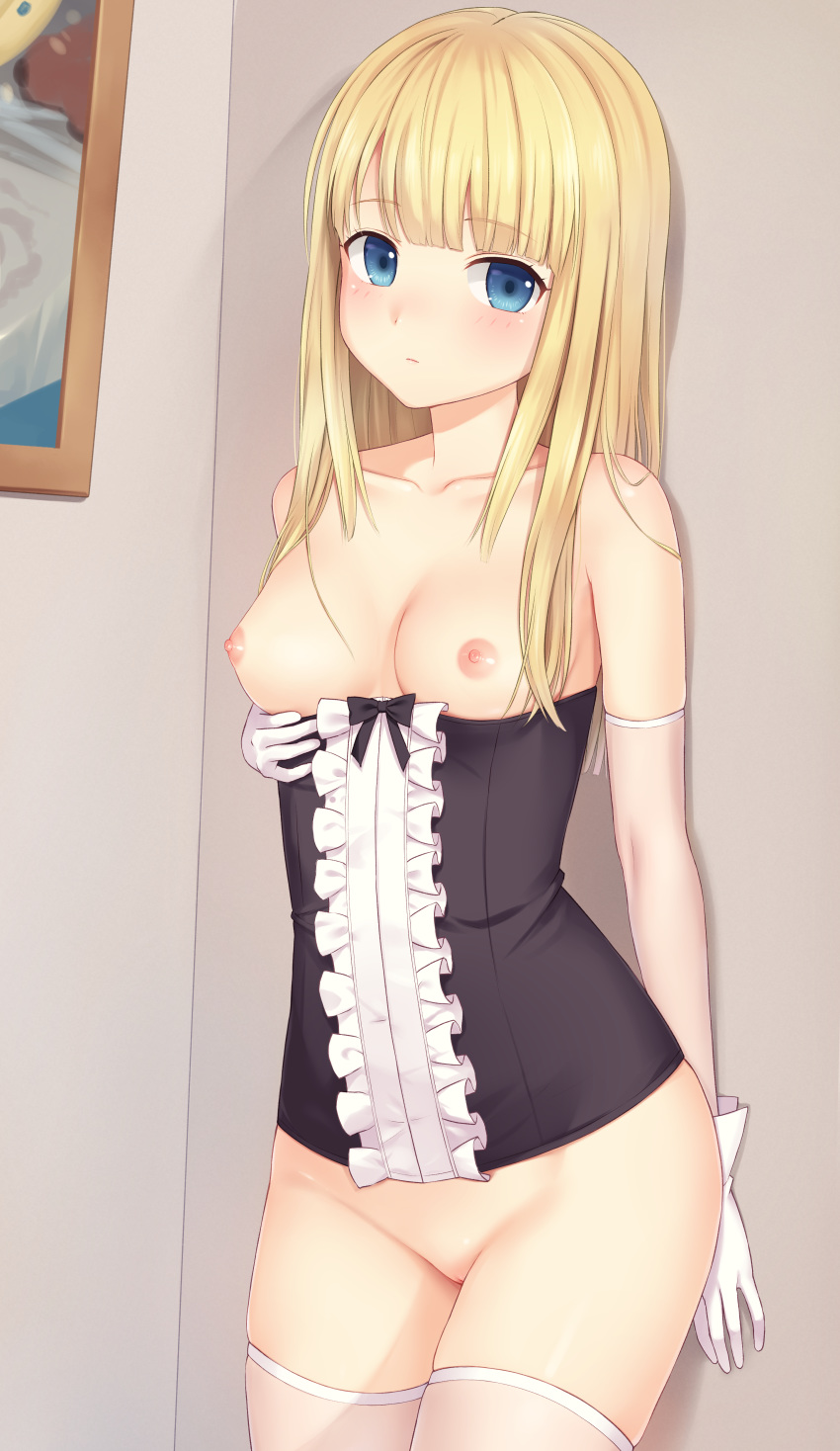 absurdres against_wall bangs banned_artist bare_shoulders blonde_hair blue_eyes blunt_bangs blush bottomless breasts closed_mouth collarbone elbow_gloves expressionless eyebrows_visible_through_hair fantia_reward frills gloves highres indoors long_hair looking_at_viewer n.g. nipples no_bra no_panties original paid_reward pussy small_breasts solo standing thighhighs underbust white_gloves white_legwear