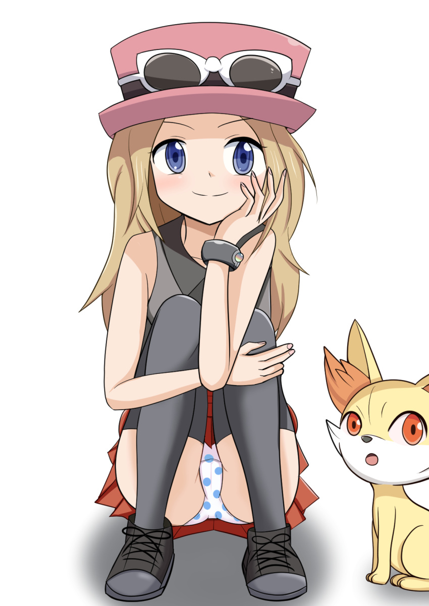 1girl bare_shoulders black_footwear black_legwear black_shirt blonde_hair blue_eyes blue_panties blush bracelet cameltoe eyewear_on_headwear female fennekin full_body gen_6_pokemon hand_on_own_face hand_up hat highres jewelry kaimu_(qewcon) knees_up long_hair looking_at_viewer open_mouth orange_eyes panties pantyshot pantyshot_(sitting) pleated_skirt pokemon pokemon_(creature) pokemon_(game) pokemon_xy polka-dot_panties red_hat red_skirt serena_(pokemon) shirt shoes simple_background sitting skirt sleeveless sleeveless_shirt smile solo_focus sunglasses thighhighs underwear upskirt white-framed_eyewear white_background