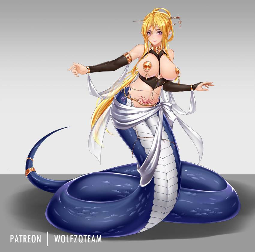 ahoge bare_shoulders blonde_hair breasts bridal_gauntlets chinese_commentary choker commentary_request dancer full_body gold hair_ornament hair_stick highres jewelry lamia large_breasts long_hair looking_at_viewer midnight_(banyex) midriff monster_girl navel original outstretched_arm pointy_ears purple_eyes scales see-through simple_background stomach_tattoo tail tail_ornament tattoo very_long_hair